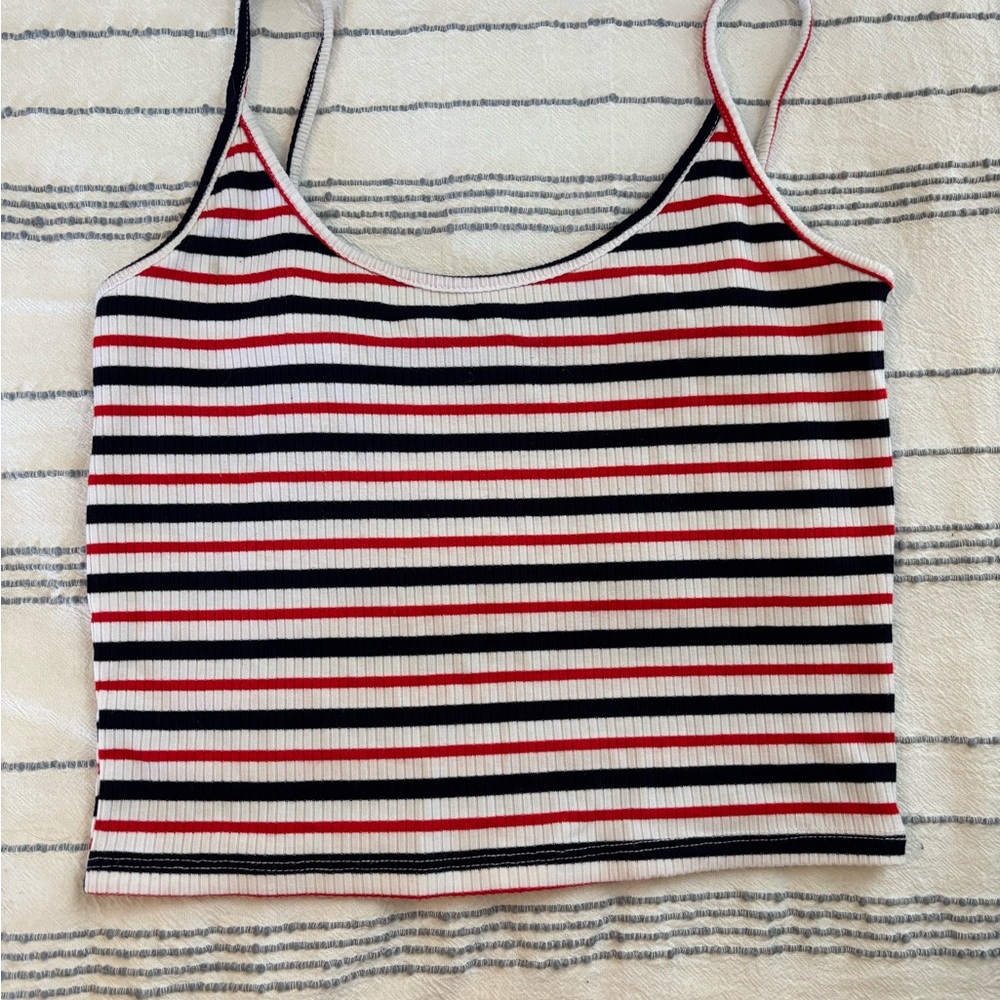 Striped Ribbed Spaghetti Cami in White, Black & Red